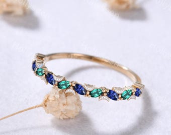 Crescent Moon Marquise Sapphire Emerald Wedding Band Solid 14k Gold Unique Blue Green Gemstones Celestial Stack Ring Promise Ring for Her