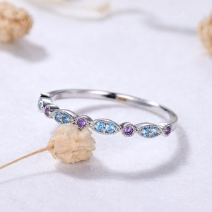 Amethyst Blue Topaz White Gold Wedding Band Sterling Silver Ring Half Eternity Birthstone Stacking Ring Women Bridal Promise Matching Band