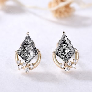 Dainty Kite Cut Black Rutilated Quartz Yellow Gold Stud Earrings Unique Crescent Moon Earrings Delicate Bridal Anniversary Gift for Women
