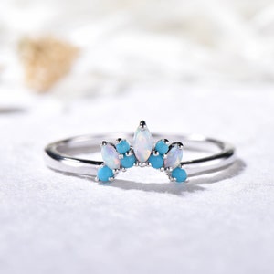 Opal Turquoise Wedding Band Sterling Silver Vintage Curved Engagement Ring Dainty Gemstone Stackable Ring Unique Women Bridal Ring 14k