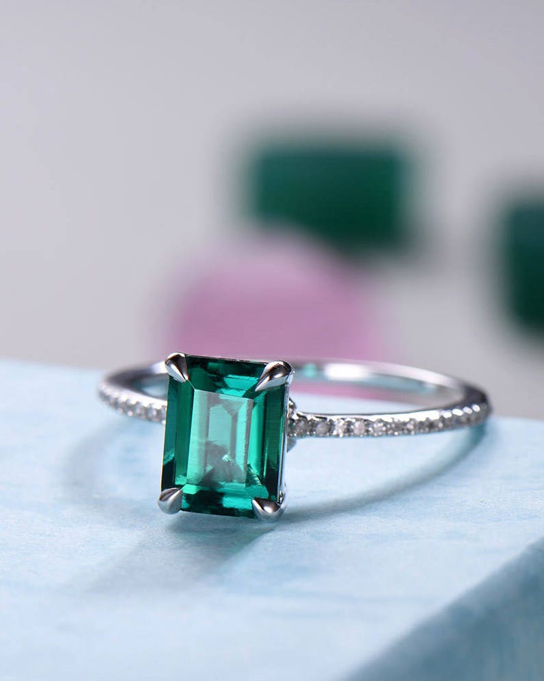Lab Emerald Engagement Ring 14k White Gold Emerald Cut 925 Etsy