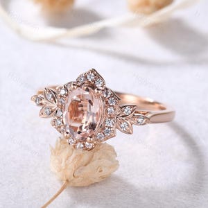 Vintage Oval Morganite Ring 14k Rose Gold Flower Leaf Engagement Ring Antique Wedding Bridal Ring Art Deco Anniversary Ring for Women Gift