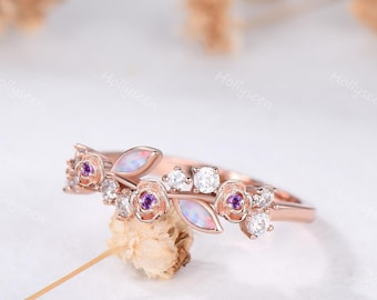 Nature Inspired Marquise Opal Amethyst Rose Flower Wedding Band Floral Cluster Moissanite Ring Unique Birthstone Stacking Ring Personalized