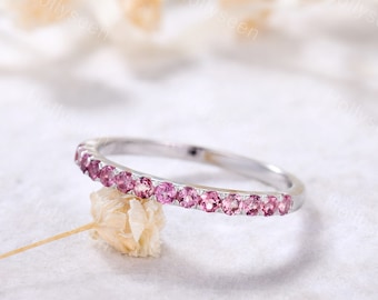 2mm Pink Tourmaline Wedding Band Sterling Silver Stackable Ring Matching Band Pink Gemstone Ring October Birthstone Ring for Women Gift