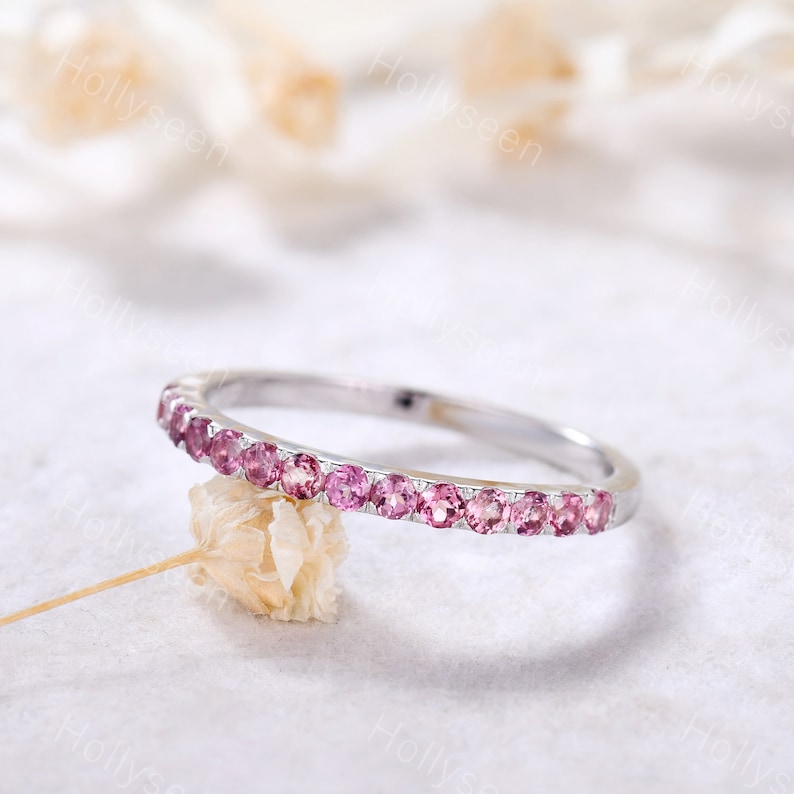 Pink Tourmaline Ring Sterling Silver Pink Tourmaline Wedding Band