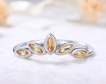 Yellow Sapphire Wedding Band White Gold Wedding Ring Curved Wedding Band Marquise Wedding Band Vintage Ring Unique Ring Dainty Ring
