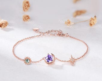 Star Shape Cut Amethyst Sun Moon Bracelet Rose Gold Moss Agate Celestial Adjustable Bracelet Dainty Birthday Anniversary Gift for Her