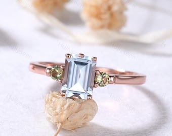 Emerald Cut Aquamarine Peridot Ring Rose Gold Aquamarine Engagement Ring Vintage Aquamarine Ring March Birthstone Ring Promise Ring for her