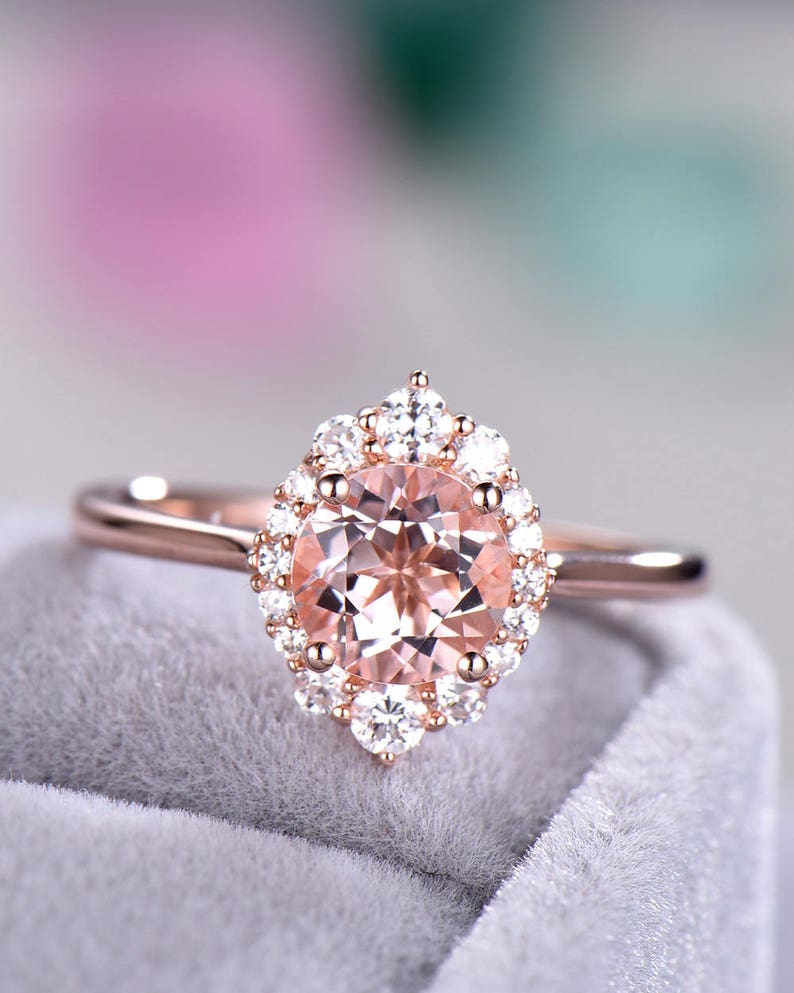 Morganite Halo Engagement Ring 14k Rose Gold 925 Sterling Silver CZ Cubic Zirconia Diamond Wedding Rings Bridal Women Anniversary Gift Plain image 1