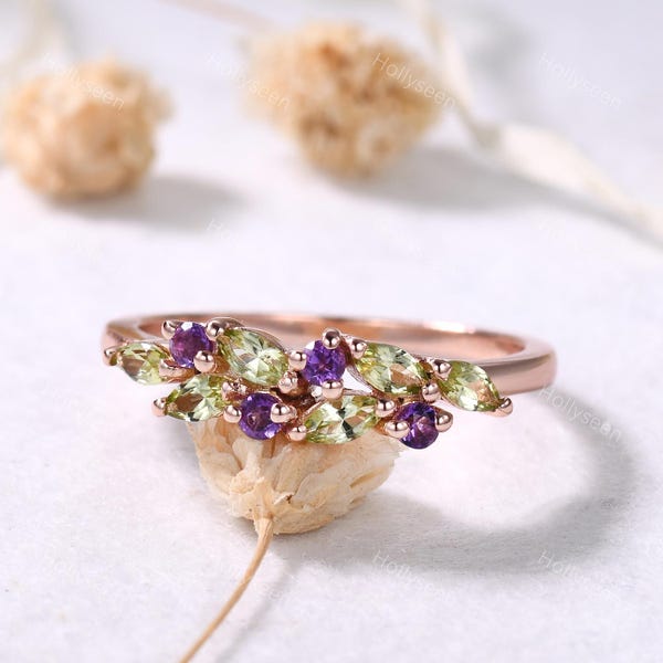 Vintage Peridot Amethyst Ring Rose Gold Green Purple Stone Ring Natural Gemstone Ring Dainty Birthstone Ring Unique Anniversary Gift for Her