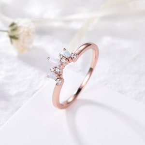 Fire Opal Wedding Band Moissanite Wedding Ring Rose Gold Engagement Ring Stacking Ring Curved Wedding Band Sterling Silver Dainty Ring Band image 2