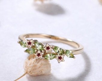 Marquise Peridot Garnet Star Cluster Ring Solid Gold Celestial Starry Green Red Gemstones Ring Nature Inspired Botanical Birthstone Ring