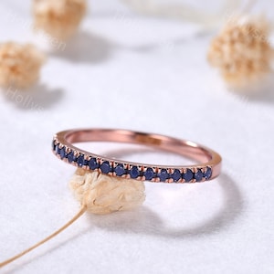 1.5mm Blue Sandstone Wedding Band 14k Rose Gold Half Eternity Goldstone Galaxy Stacking Ring Minimalist Bridal Stackable Ring Women Gift