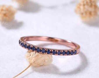 1.5mm Blue Sandstone Wedding Band 14k Rose Gold Half Eternity Goldstone Galaxy Stacking Ring Minimalist Bridal Stackable Ring Women Gift