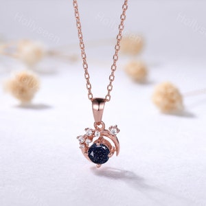 Delicate Blue Sandstone Rose Gold Pendant Art Deco Moissanite Necklace Unique Moon Necklace Vintage Women Bridal Gift Anniversary Gift