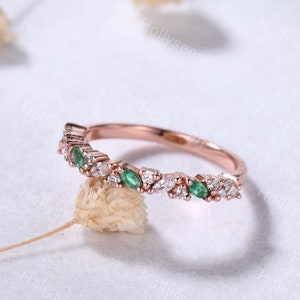Marquise Emerald Moissanite Cluster Engagement Ring Solid Gold Green Gemstone Wedding Stacking Ring Vintage Birthstone Matching Band Women