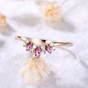 Marquise Pink Tourmaline Curved Wedding Band Ring Rose Gold Moissanite Stacking Band Dainty Ring Anniversary Ring Promise Ring for Women