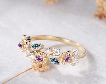 Vintage Alexandrite Amethyst Rose Floral Wedding Band Solid 14k Yellow Gold Nature Inspired Flower Leaf Stackable Promise Ring Gift for her