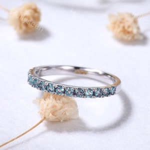 2mm Alexandrite Engagement Ring Band Sterling Silver Ring Half Eternity Color Changing Bridal Ring Minimalist Women Birthstone Stacking Ring