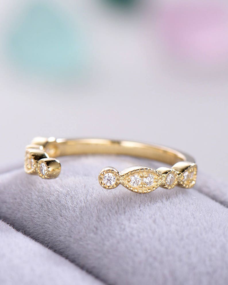 Cubic Zirconia Wedding Band 14k Yellow Gold Open Stacking Ring Etsy