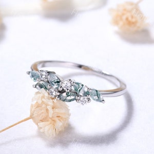 Vintage Green Moss Agate Ring Sterling Silver Marquise Engagement Ring Moissanite Ring Cluster Ring Unique Ring Gemstone Ring Wedding Ring
