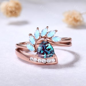Trilliant Cut Alexandrite Engagement Ring Set Marquise Blue Moonstone Stacking Ring Diamond Bridal Set Unique Leaf Promise Ring for Women