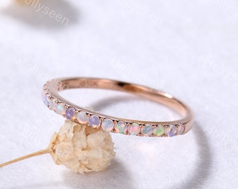 1.5mm Natural Opal Rose Gold Wedding Ring Band Half Eternity Fire Opal Engagement Stacking Ring Dainty Birthstone Matching Band for Women