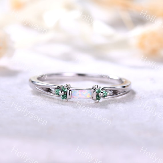 Baguette Cut Fire Opal Wedding Ring Rose Gold Opal Engagement Ring