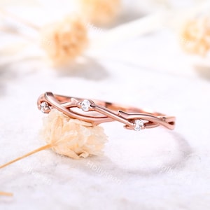 Vintage Moissanite Wedding Band Rose Gold Unique Moissanite Ring Band Stackable Ring Art Deco Antique Ring Dainty Promise Ring Twig Ring