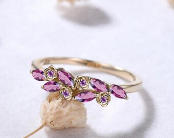 Marquise Pink Tourmaline Amethyst Rose Floral Ring Cluster Pink Purple Gemstone Ring February October Birthstone Flower Nature Inspired Ring