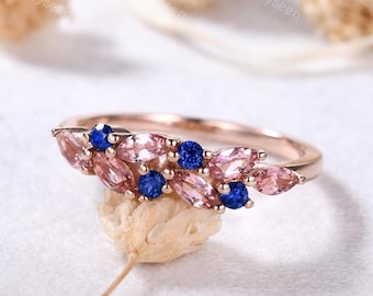 Marquise Pink Tourmaline Blue Sapphire Cluster Ring 14k Rose Gold Dainty Floral Natural Gemstone Ring Nature Inspired Cocktail Ring for Her
