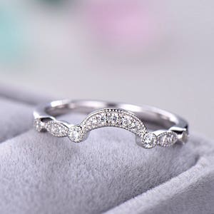 Antique Wedding Band 14k White Gold Sterling Silver CZ Curved U Shaped Engagement ring Unique Bridal Promise Art Deco Milgrain Half Eternity