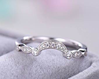 Antique Wedding Band 14k White Gold Sterling Silver CZ Curved U Shaped Engagement ring Unique Bridal Promise Art Deco Milgrain Half Eternity