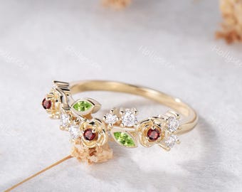 Floral Marquise Peridot Garnet Leaf Wedding Band Solid 14k Gold Nature Inspired Rose Flower Stacking Ring Green Yellow Gemstones Stack Ring