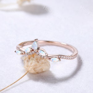 Vintage White Opal Curved Wedding Ring Band 14k Rose Gold Moissanite Engagement Ring Marquise Gemstone Bridal Stackable Ring Sterling Silver