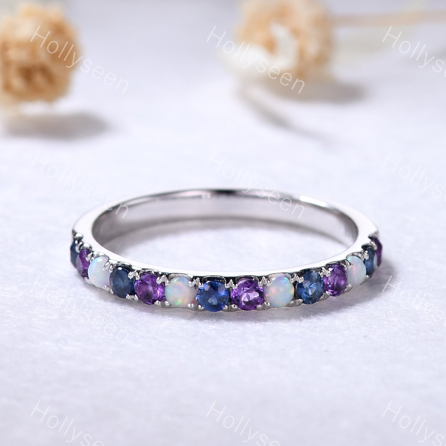 2mm Opal Amethyst Blue Sapphire Wedding Ring Band Sterling 2mm Opal Amethyst Blue Sapphire Wedding Ring Band Sterling