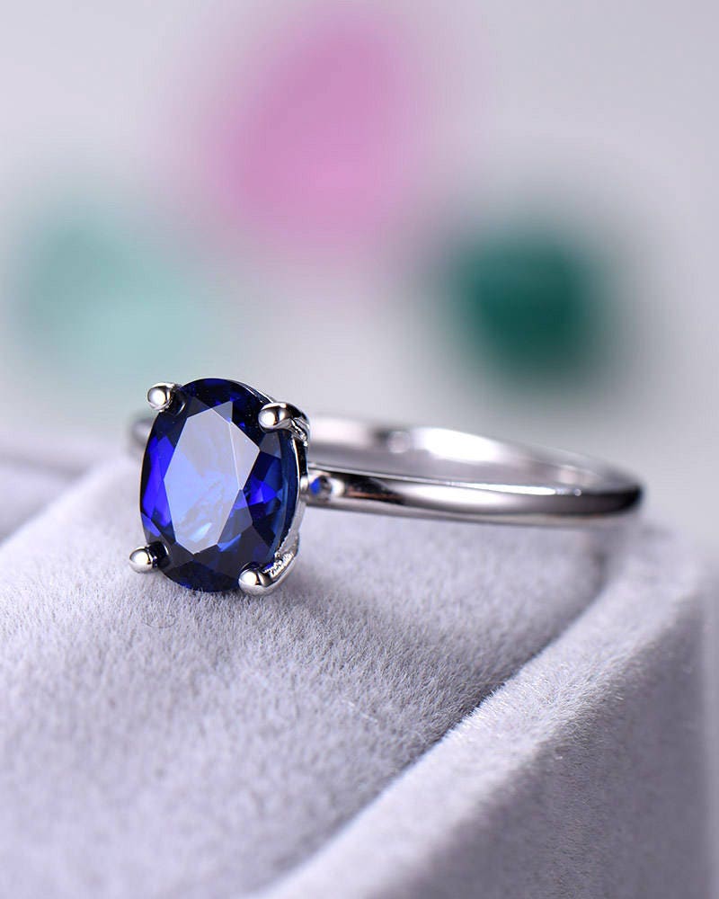 Blue Sapphire Engagement Ring 14k Sterling Silver White Gold | Etsy