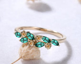 Marquise Emerald Rose Citrine Floral Ring 14k Yellow Gold Green Yellow Gemstones Nature Inspired Ring May November Birthstone Cluster Ring