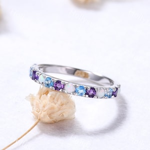 2mm Opal Amethyst Blue Topaz Wedding Ring Band Sterling Silver White Gold Birthstone Ring 14k Gemstone Stacking Ring Multi Stone Ring Women