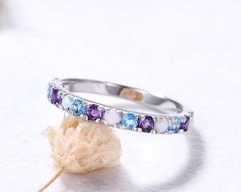 2mm Opal Amethyst Blue Topaz Wedding Ring Band Sterling Silver White Gold Birthstone Ring 14k Gemstone Stacking Ring Multi Stone Ring Women
