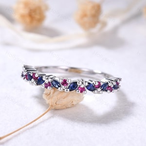 Marquise Sapphire Ruby Cluster Engagement Ring Solid Gold Blue Gemstone Wedding Stacking Ring Vintage Birthstone Matching Band Women