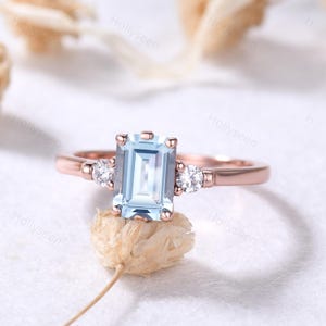 Emerald Cut Aquamarine 14k Rose Gold Engagement Ring Solid Gold March Birthstone Ring 3 Stone Ring Minimalist Blue Gemstone Ring Women Gift