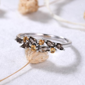 Marquise Smoky Quartz Citrine White Gold Ring Vintage Brown Gemstone Cluster Wedding Ring Dainty Birthstone Ring Anniversary Gift Women
