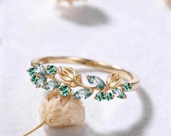 Tulip Floral Marquise Moss Agate Wedding Band Solid 14k Gold Emerald Flower Ring Green Gemstones Nature Inspired Botanical Ring for Her