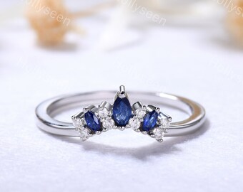 Alliance en saphir bleu marquise, or blanc, bague de fiançailles