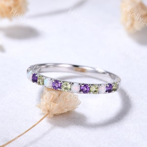 2mm Opal Amethyst Peridot Wedding Ring Band Sterling Silver White Gold Birthstone Ring 14k Gemstone Stacking Ring Multi Stone Ring for Women