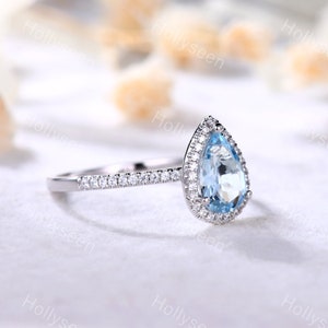 Pear cut Aquamarine Engagement Ring CZ Diamond Halo Sterling Silver Ring White Gold Half Eternity Wedding Ring Anniversary Gift Women Ring image 4