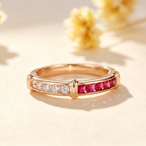 Unique Princess Cut Ruby Moissanite Wedding Band 14k Rose Gold 2 Shape Stones Stacking Ring July Birthstone Stack Ring Red Gemstone Ring