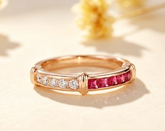 Unique Princess Cut Ruby Moissanite Wedding Band 14k Rose Gold 2 Shape Stones Stacking Ring July Birthstone Stack Ring Red Gemstone Ring