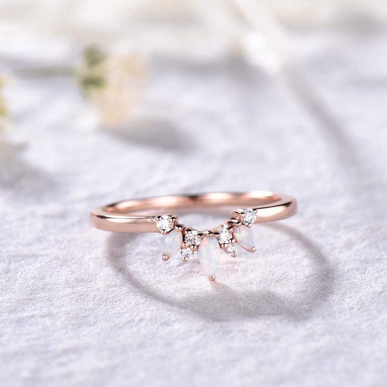 Fire Opal Wedding Band Moissanite Wedding Ring Rose Gold Engagement Ring Stacking Ring Curved Wedding Band Sterling Silver Dainty Ring Band image 4